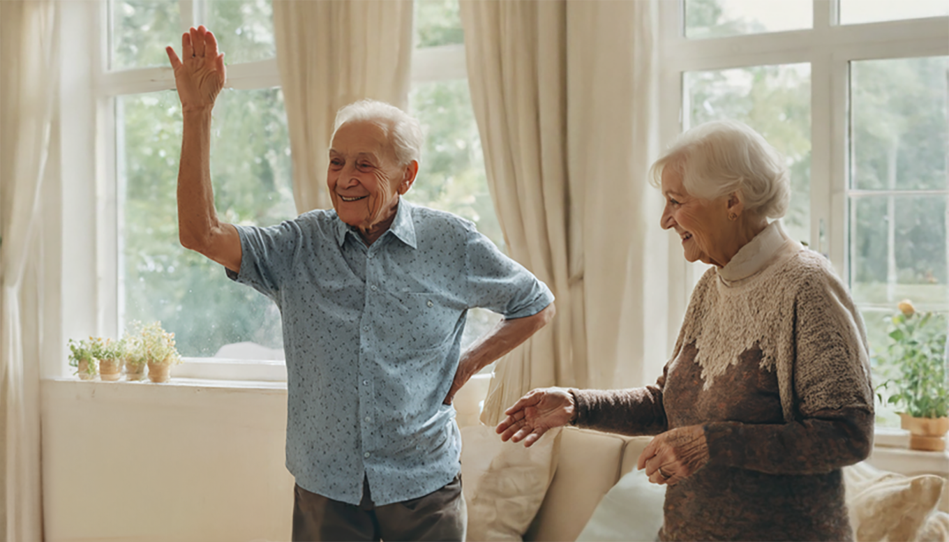 Two senior residents enjoying an activity at an assisted living facility