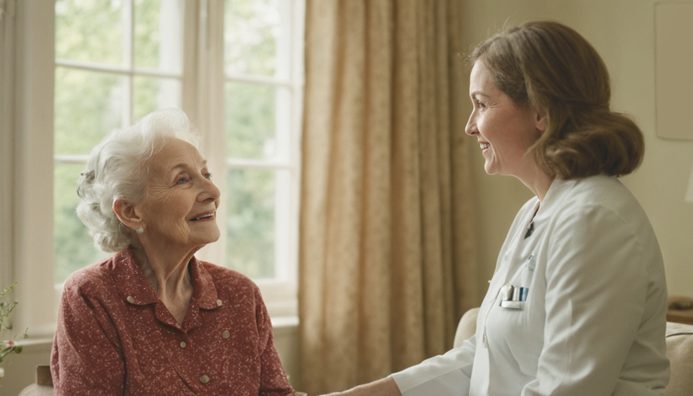 Elderly woman smiling at a caregiver in an assisted living facility