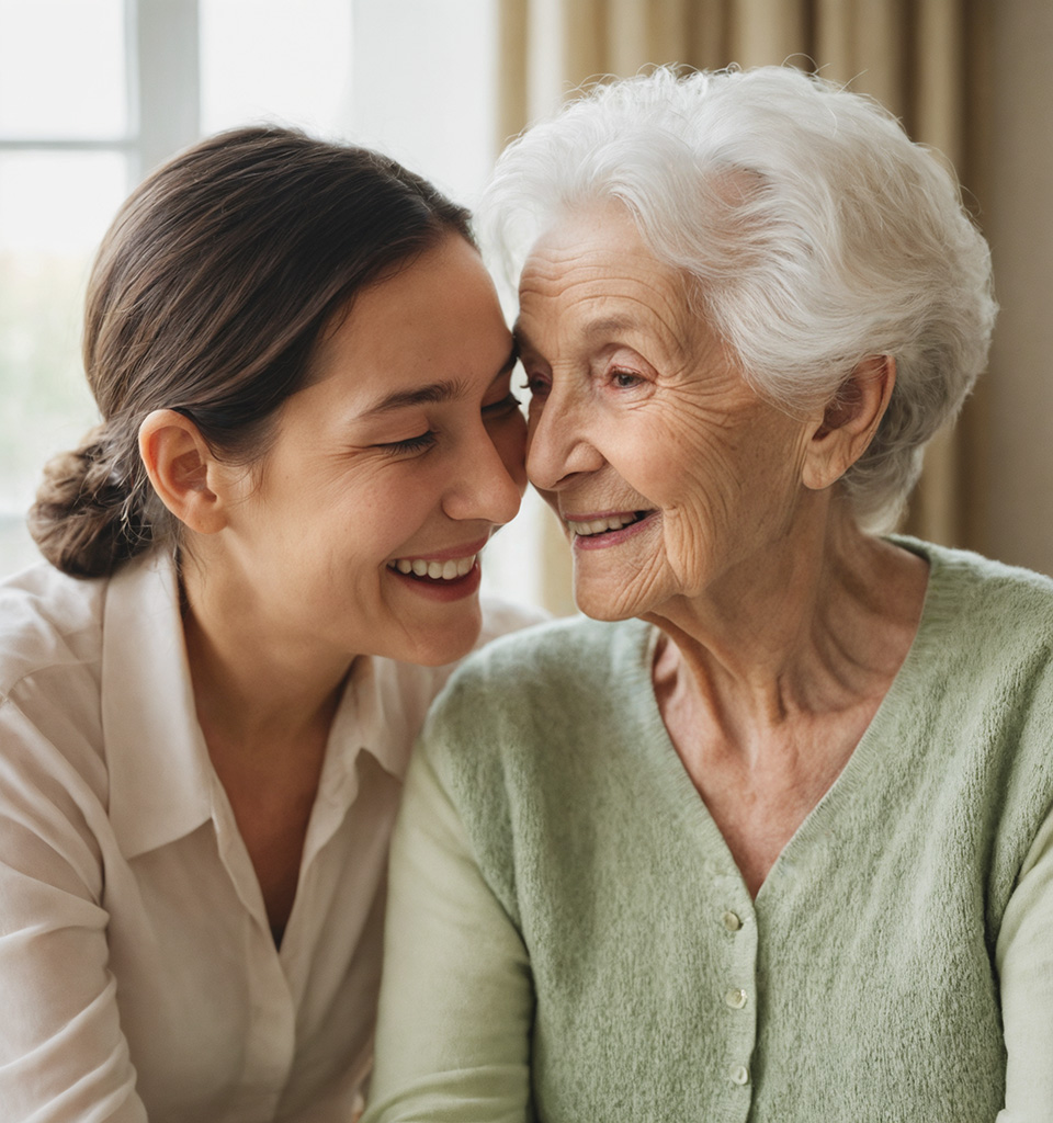 Elderly woman and young caregiver sharing a warm and joyful moment