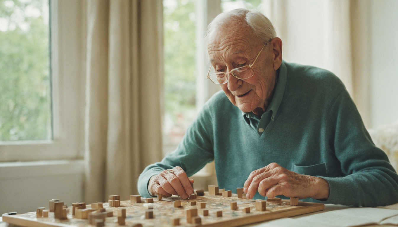 Senior man playing a board game and smiling at an assisted living facility