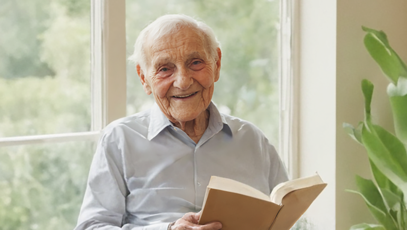 Senior man reading a book and smiling at an assisted living facility