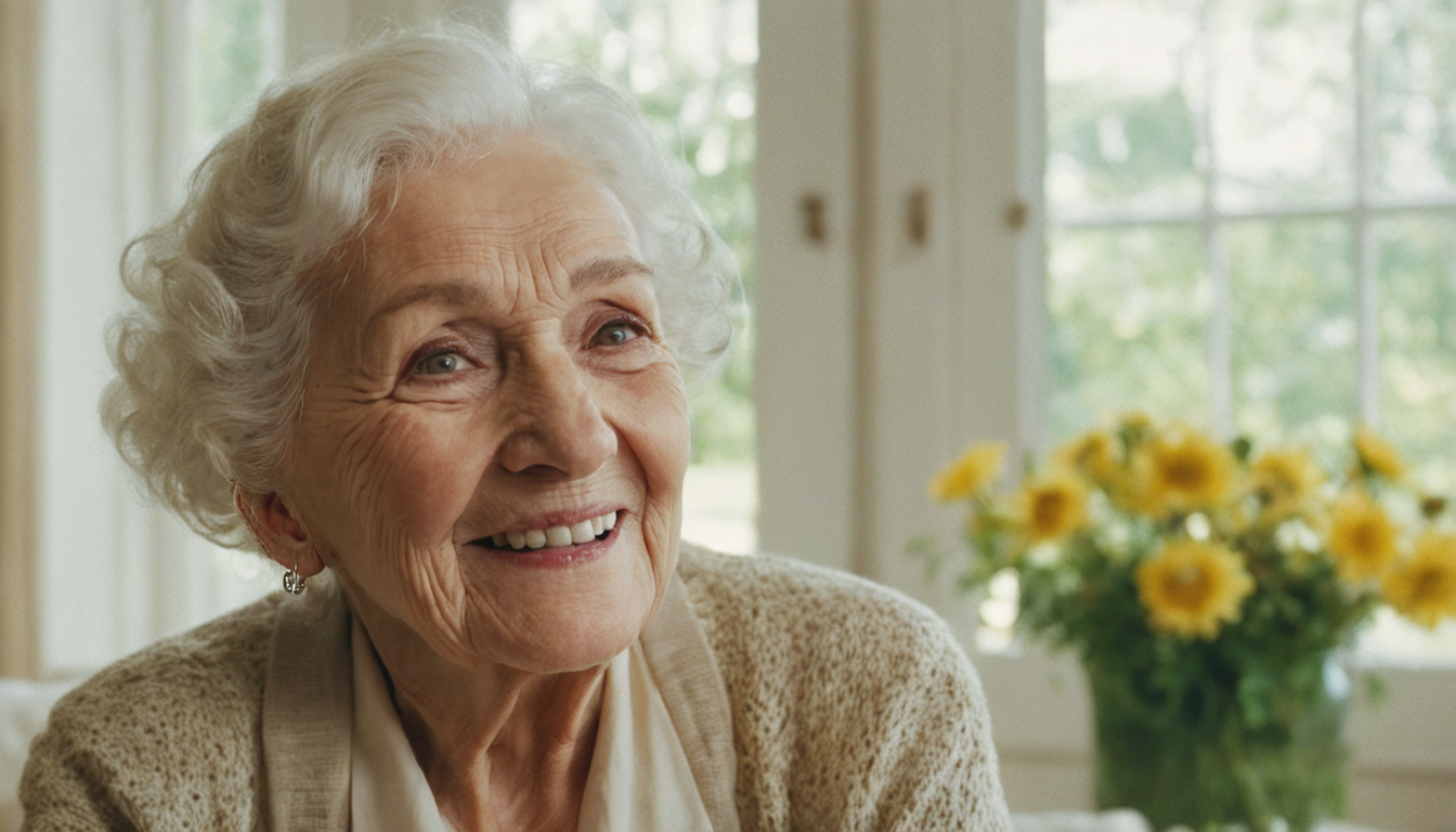 Elderly woman smiling warmly at an assisted living facility